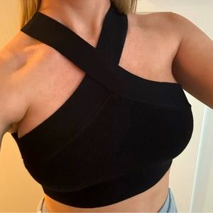 NWT House of Harlow Crop Top Size XS Shirt Cross Cross High Neck Black Ribbed